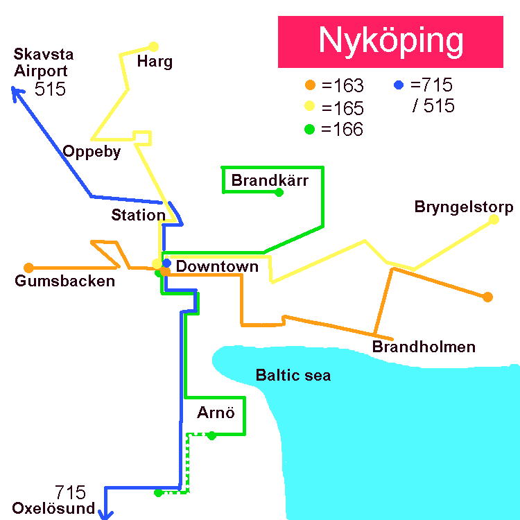 Schematic map over Nyköping bus network.