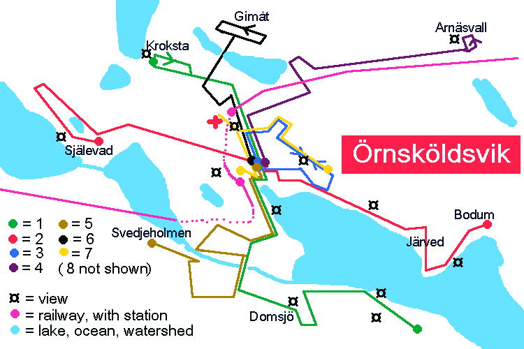 Schematic map over Örnsköldsvik bus routes.