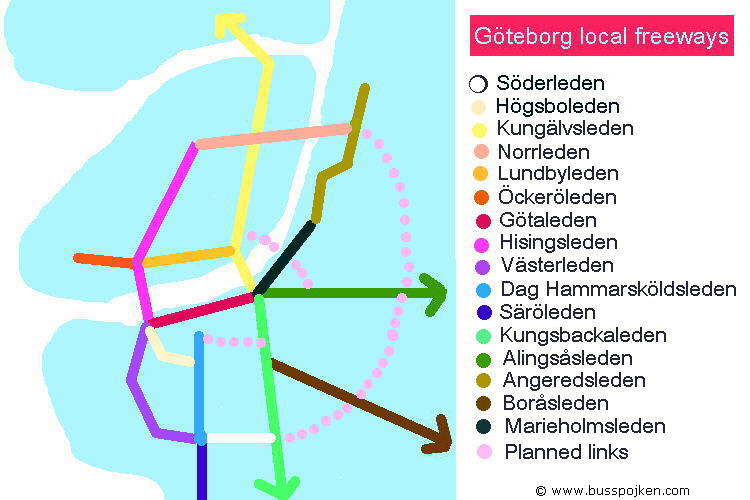 Route map of the local freeway (Stadsmotorväg) system in Göteborg.